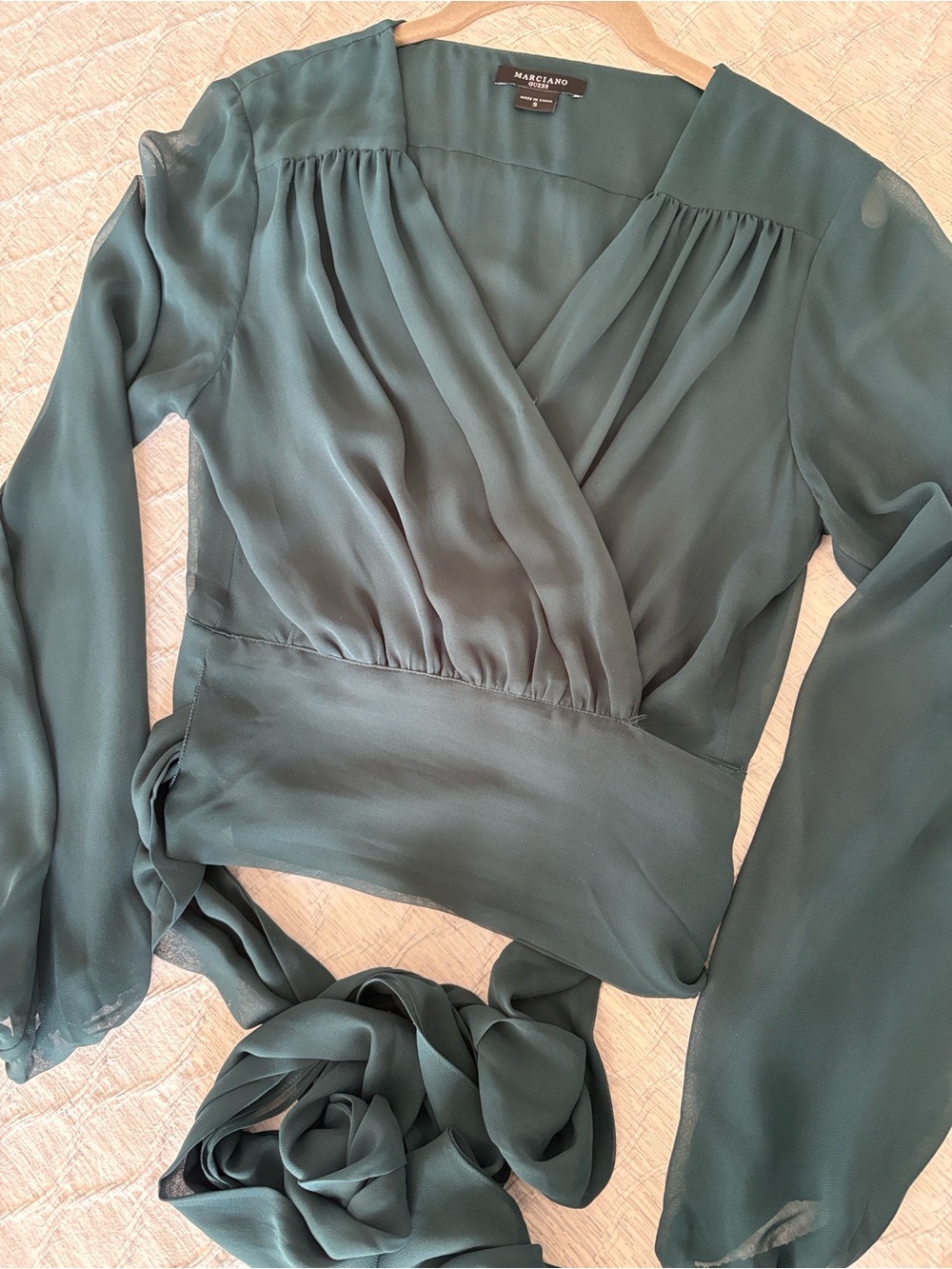 Marciano Teal Sheer Wrap Blouse with Tie Front size S